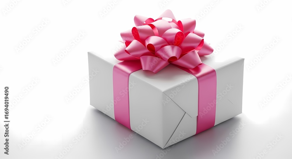 Fototapeta premium A gift box wrapped in white paper with a pink ribbon bow. 