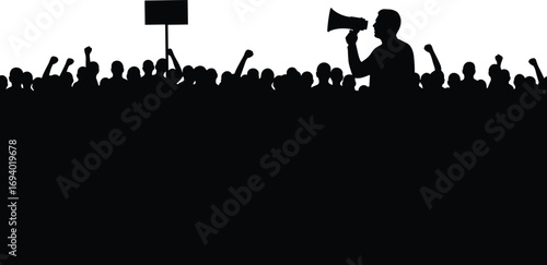 Silhouette of protest crowd with raised fists, placards, and speaker using megaphone in demonstration for justice, unity, and change.