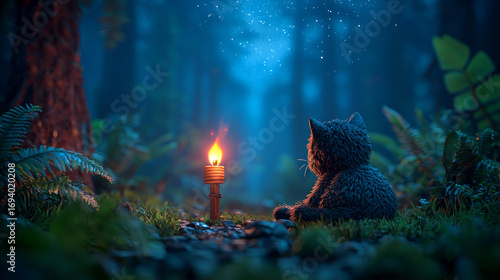 Cat on tropical vacation sits by glowing candle in serene forest, surrounded by lush greenery and under starry night sky, creating relaxing and magical atmosphere