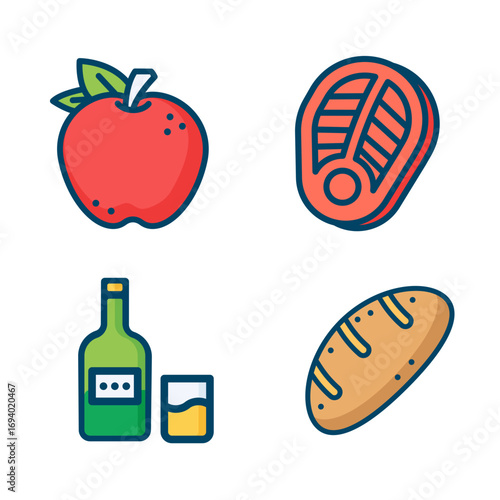 Minimalist Healthy Food And Drink Vector Icons Apple Steak Wine Bottle Bread SVG Design