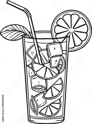 Cuba Libre Cocktail in Highball Glass Vector Illustration, Sketch Drawing Line Linear Symbol Icon Engraving Coloring Book, Hand-drawn Doodle Black and White Isolated