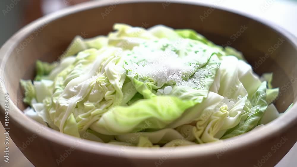 Close Up Of Adding Salt to Cabbage in Wooden Bowl for Fresh Food Preparation Close Up Of Adding Salt to Cabbage in Wooden Bowl for Fresh Food Preparation
