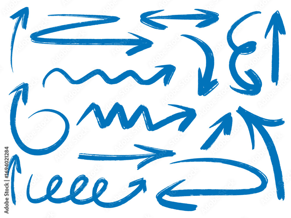 Fototapeta premium Set of hand drawn grunge arrows and pointers. Direction, movement, emphasis indicator. Sketch texture icons of straight, multidirectional, rounded and other arrows, vector elements