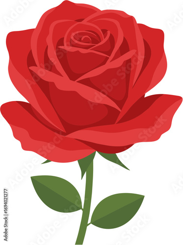 Elegant Flat Style Red Rose Blossom with Stem and Leaves Illustration