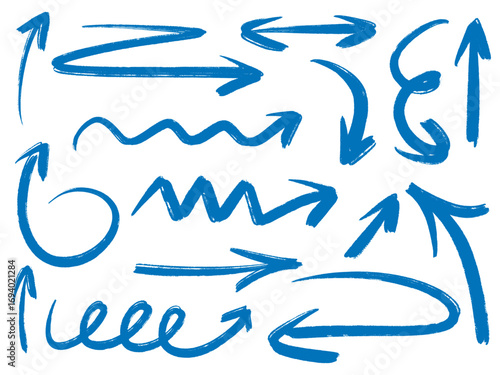 Set of hand drawn grunge arrows and pointers. Direction, movement, emphasis indicator. Sketch texture icons of straight, multidirectional, rounded and other arrows, vector elements