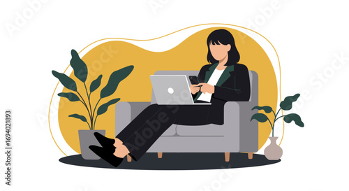 Professional woman working remotely on laptop and smartphone from a comfortable home office or lounge area, emphasizing modern work flexibility and connectivity.