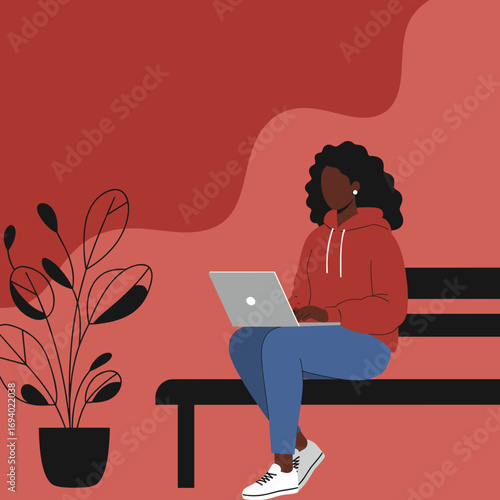 Illustration of a focused Black woman working on a laptop while sitting on a bench. Depicts remote work, online learning, or digital nomad lifestyle and productivity.
