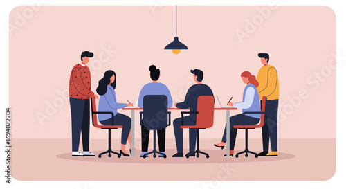 Business professionals collaborating in a modern meeting room, discussing ideas and working together as a team. Ideal for corporate productivity concepts.