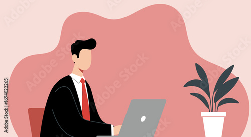 Professional businessman working diligently on his laptop in a modern office or remote workspace. Ideal for concepts like productivity, digital work, and corporate lifestyle.