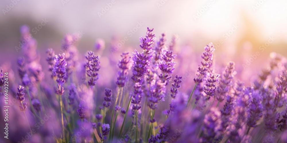 Naklejka premium The Lavender Field at Sunset with Soft Bokeh and Warm Backlit Glow