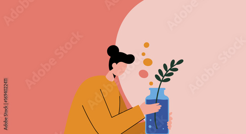 Woman caring for a plant in a vase, representing growth, sustainability, and mindful home life. Ideal for lifestyle and wellness concepts.