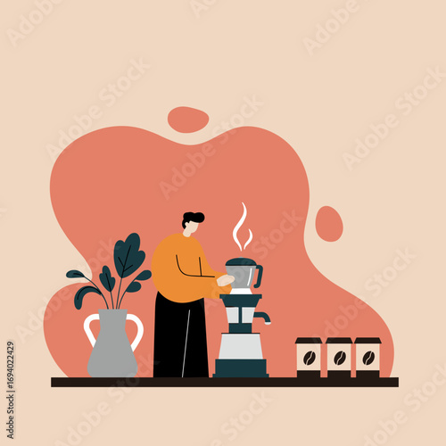 Man preparing fresh coffee at home, enjoying a relaxing morning ritual. Perfect for illustrating daily life, comfort, or coffee culture.