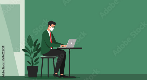 Masked professional working on a laptop, illustrating remote work, business productivity, and health safety in the modern workplace. Adapting to new realities.