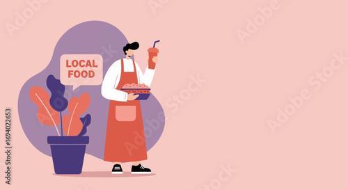 Person in apron presents local food and a drink, symbolizing sustainable eating and supporting small businesses. Great for food services, healthy lifestyle, and community promotion.