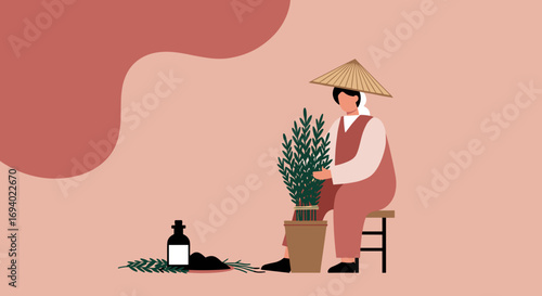 Person in traditional conical hat tending to green herbs for natural remedies or cosmetic products. Represents traditional wellness, sustainable agriculture, and natural ingredients.