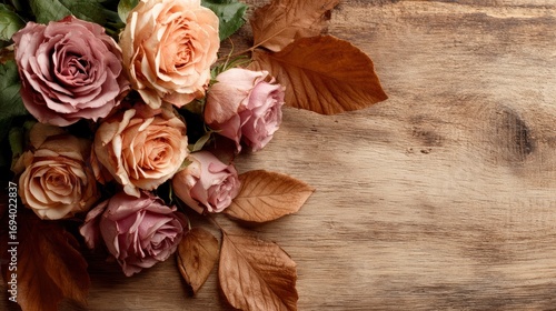 Roses and fallen leaves on a wooden table showcase an aged aesthetic