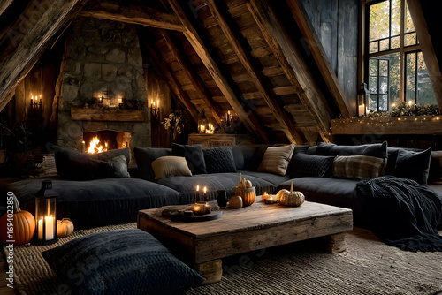 Cozy Autumn Retreat with Rustic Decor in Candlelit Attic Lounge