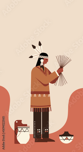 Illustrative depiction of an indigenous person in traditional attire and feathered headdress, engaged in a craft with sticks. Symbolizes cultural heritage and traditional artistry.
