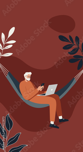 An older man relaxes in a hammock, using his laptop and smartphone, embodying remote work, digital connectivity, and a leisurely lifestyle. Perfect for modern retirement or travel concepts.