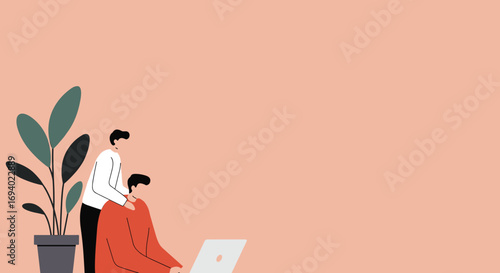 A supportive colleague gives a shoulder massage to a man working on a laptop, emphasizing office well-being, teamwork, and stress relief in a modern workplace setting.