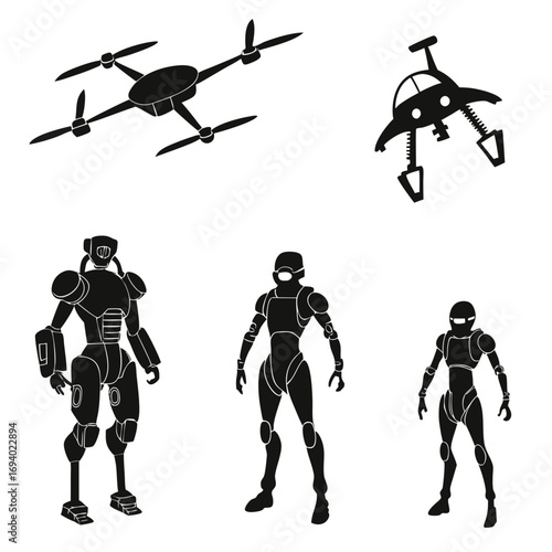 Photos Black robotic figures and flying machines robots drones