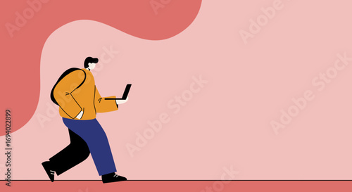 Modern illustration of a person walking and working on a laptop, symbolizing remote work, digital productivity, and on-the-go connectivity.