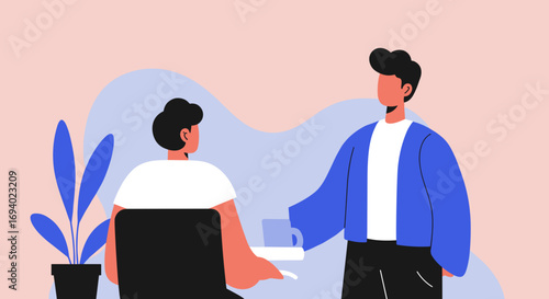 Stylized illustration of a person offering a drink to a seated colleague or client. Represents hospitality, service, support, or a friendly business interaction in a modern workplace.