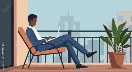 Professional man working remotely on a laptop from his modern city balcony. Represents flexible work, urban lifestyle, and productivity.