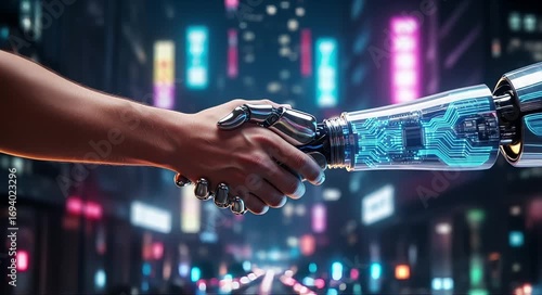 Futuristic handshake between human and AI robot, symbolizing partnership, technology, and innovation in a dynamic, modern world, perfect for tech startups
