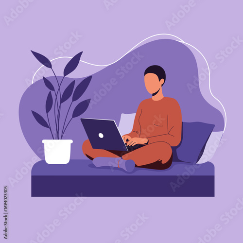 Person working remotely from home on a laptop, showcasing comfortable productivity and a flexible digital lifestyle. Perfect for modern work concepts.