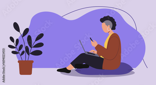 Person comfortably working remotely on a laptop and phone, embodying modern flexible work-life balance and digital communication. Ideal for lifestyle and business concepts.