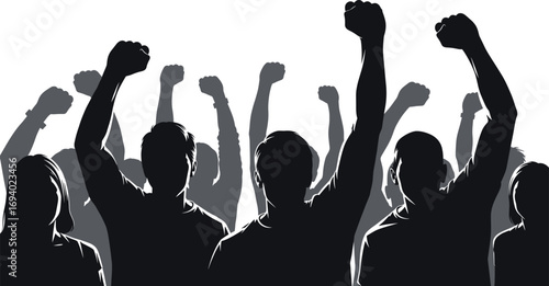 Silhouette of protesting people raising fists together, symbolizing unity, resistance, activism, freedom, social justice, revolution, and collective power movement.