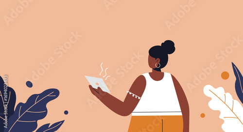 Engaged woman using a digital tablet or smartphone with wireless connectivity, surrounded by stylized natural elements. Ideal for technology, communication, and modern lifestyle concepts.