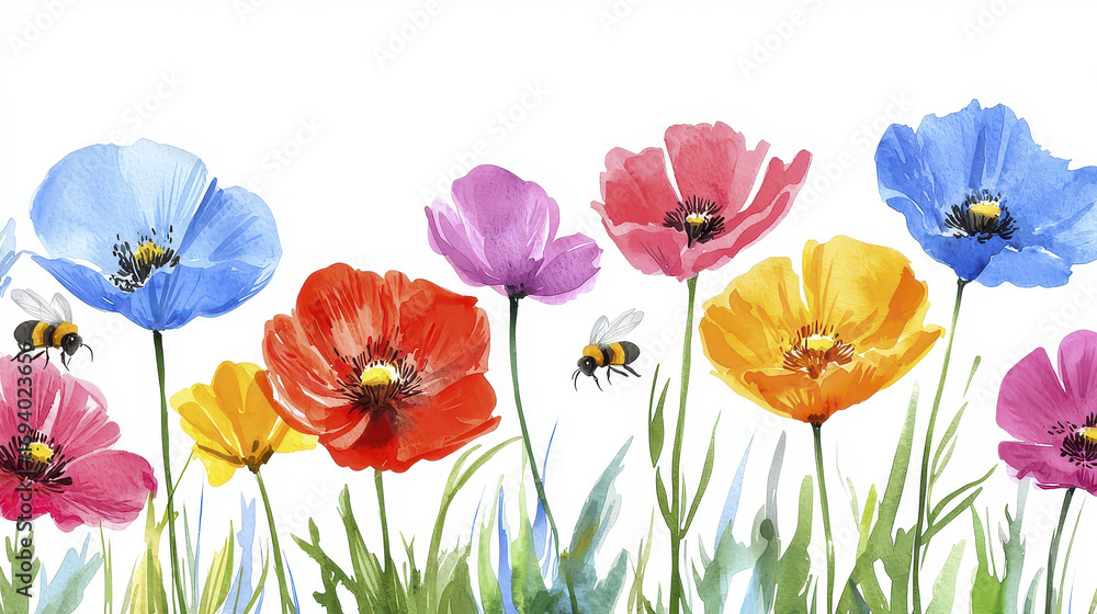 Fototapeta premium Vibrant watercolor garden featuring colorful flowers in various shades, attracting bees and showcasing nature beauty