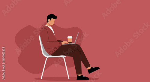 Young man focused on his laptop with a coffee cup, illustrating remote work, online learning, or a modern digital lifestyle.