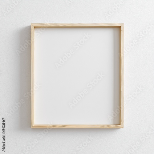 Minimalist style interior with simple white background and light wooden frame hanging on the wall, clean modern design mockup template, hyperrealistic high resolution background for posters or artwork