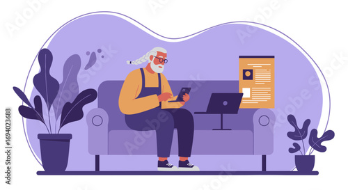 Bearded senior man using a smartphone and laptop on a sofa. Depicts digital literacy, online engagement, remote work, and modern lifestyle for older adults.