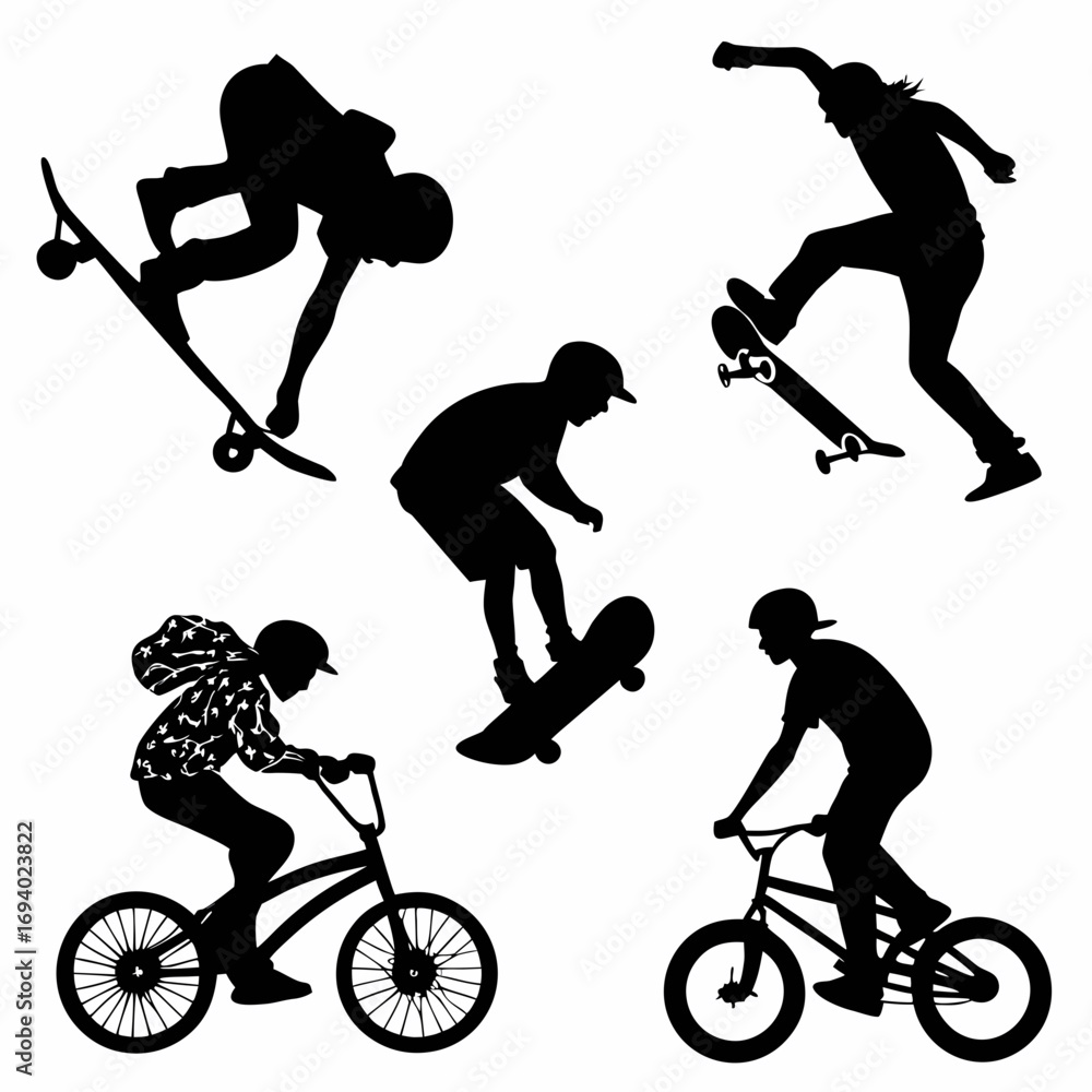 Naklejka premium Black silhouettes of skateboarders and B M X riders performing tricks white