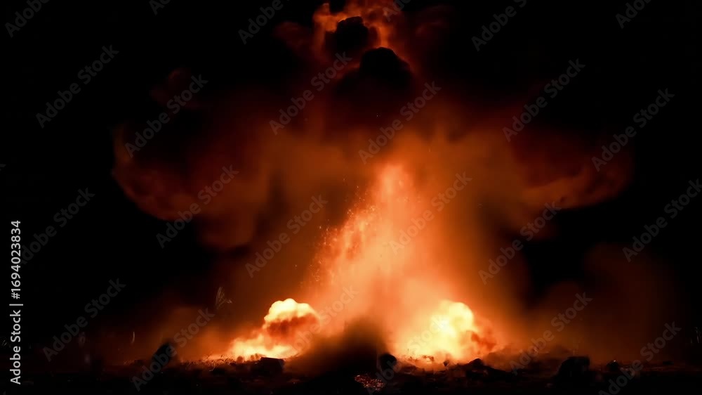 Powerful nighttime explosion erupts with blinding light and debris scattering across dark landscape capturing dramatic action and raw energy