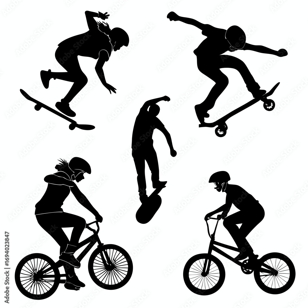 Naklejka premium Black silhouettes of skateboarders and B M X riders performing tricks white