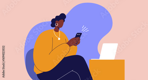 Engaged woman actively using a smartphone next to a laptop, representing modern digital communication, online connectivity, and flexible work lifestyle.