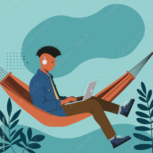 Young person with headphones working on a laptop in a hammock outdoors, symbolizing remote work, digital nomad lifestyle, and flexibility.
