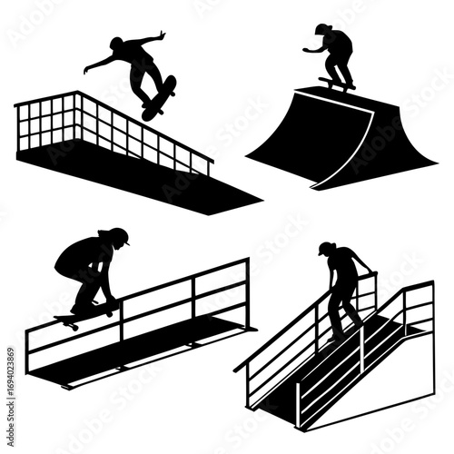 Fotografie Black silhouettes of skateboarders performing tricks on ramps and rails skateboa