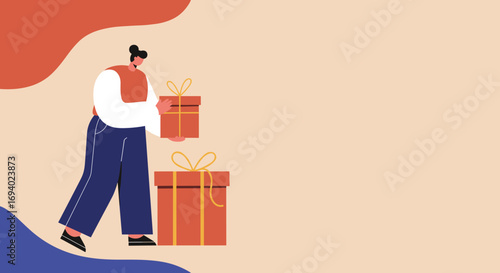 Stylized illustration of a person holding a gift box, with another gift on the floor, perfect for holiday promotions, special offers, or customer rewards.
