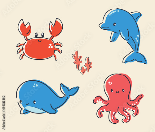 Cute Sea Animals Vector Illustration, Whale Crab Dolphin Octopus Hand Drawn Kids Print
