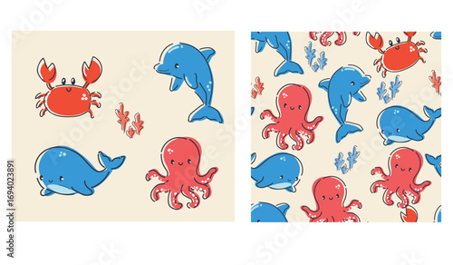 Set Summer kids print Seamless Pattern with Octopus and Dolphin Vector, Cute Sea Animals Hand Drawn Print textile