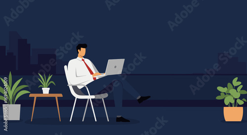 A businessman works on his laptop in a modern urban setting at night, highlighting remote work, productivity, and modern lifestyle.