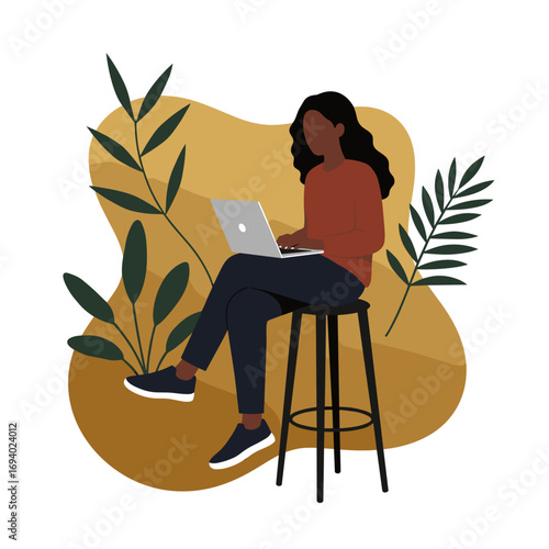 Young woman working remotely on laptop, sitting on a stool amidst natural elements. Represents productivity, online learning, and modern digital lifestyle.