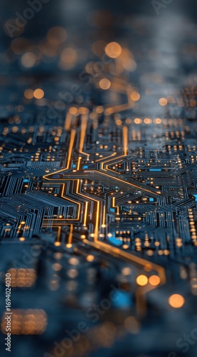 Abstract close-up of circuit board with illuminated pathways and blurry bokeh, in a vertical composition