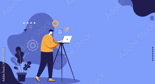 Professional working remotely on a laptop with a tripod, surrounded by abstract symbols of productivity, strategy, and creative thinking. Ideal for business, tech, and innovative concepts.